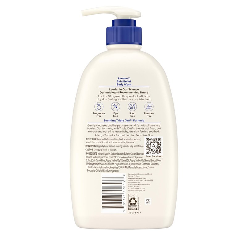 Aveeno Skin Relief Fragrance-Free Body Wash with Triple Oat® Complex, Gentle Daily Cleanser for Sensitive Skin Leaves Itchy, Dry Skin Feeling Soothed & Moisturized, 33 fl. oz