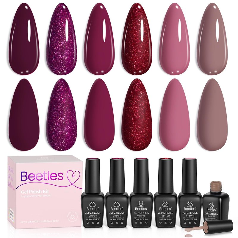 Beetles Gel Nail Polish Set, 6 Colors Burgundy Red Yellow Green Glitter White Gel Polish Soak Off Uv LED Nail Art Design Gift for Women