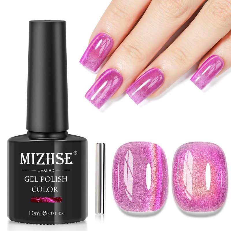 MIZHSE Cat Eye Gel Nail Polish, Pink Magnetic Gel Polish with Magnet Stick, Starry Effect Trendy Salon Shimmer Nail French Soak Off Manicure Home