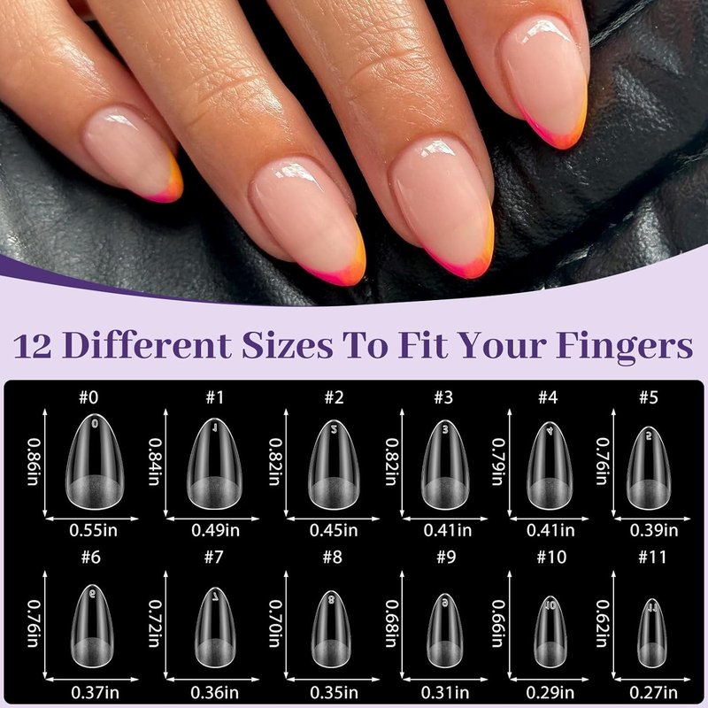 Almond Nail Tips - 480pcs Clear Fake Nails for DIY Nail Extensions | Short & Medium Sizes