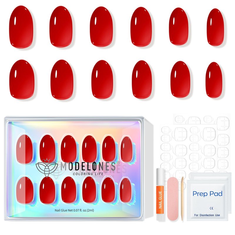 modelones Sheer Red Short Press on Nails, Semi-Transparent Oval Fake Nails Kit Press Ons with Nail Glue, Adhesive Tabs, Nail File, Prep Pad, Manicure Stick, 32Pcs 16 Sizes, Spring Women Girl Gift
