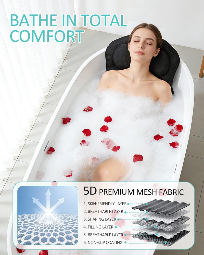 Full Body Bath Pillow for Bathtub, 5D Thick Tub Pillow for Bathtub with 192 Non-Slip Suction Cups, Laundry Bag & Hook, Bathtub Pillow for Head, Neck & Back Support (Black, 51"*15")