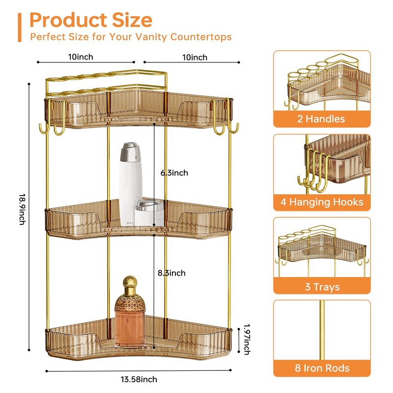 Greenby 3-Tier Corner Bathroom Counter Organizer，Makeup & Skincare Shelf with Built-in Brush Holder，Space-Saving Bathroom Countertop Organizer for Skincare, Perfume, Cosmetics(Amber)