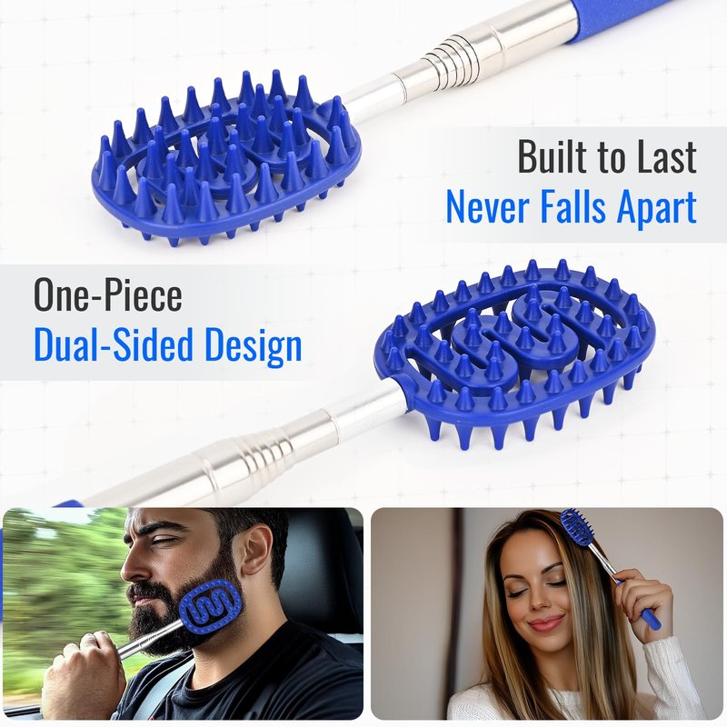Plazuria Oversized Back Scratcher Massager with 3 Detachable Heads, Stocking Stuffers for Men & Women, Extendable 30" Handle with Spikes, Rake & Bear Claw Heads (Navy Blue)