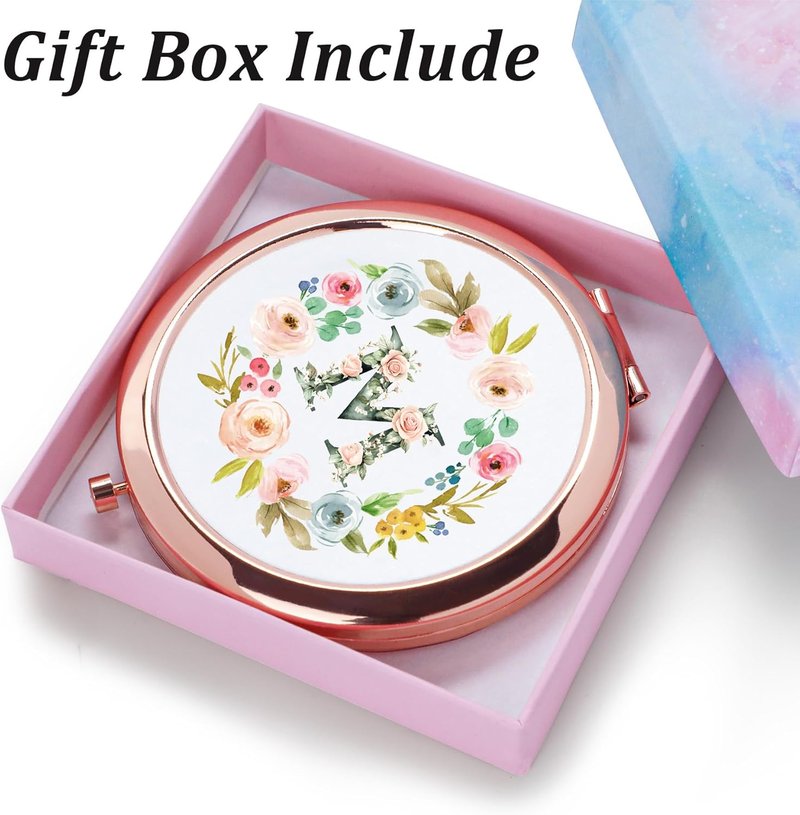 Personalized Gift for Women Girls Her, Custom Gifts for Adult Teen, Floral Monogram Alphabet Initial Compact Mirror for Birthday, Graduation, Mothers Day, Basket Stuffers