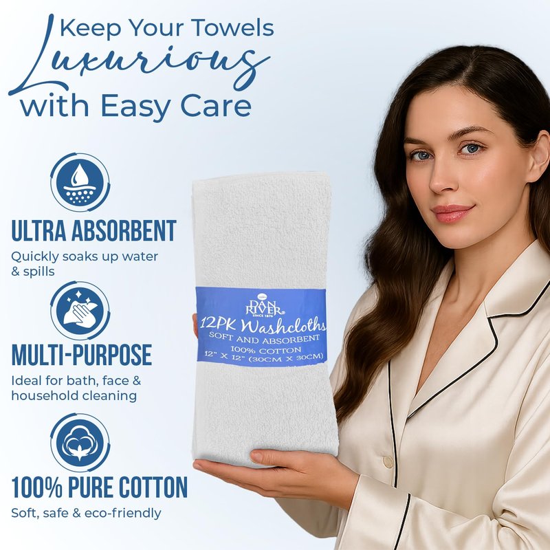 DAN RIVER 12 Pack Wash Cloths for Showering [12x12] - 100% Cotton Washcloths Premium Quality Flannel Face Cloths for Bathroom, Highly Absorbent and Soft Feel Wash Clothes, White