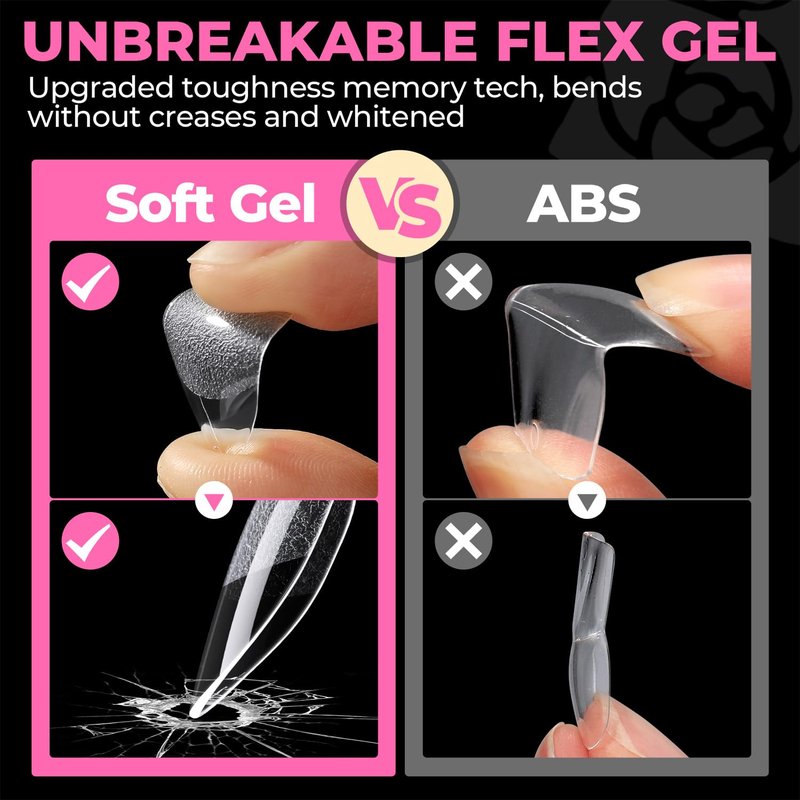 Short Almond Nail Tips - 504PCS Soft Press-On Gel Nails | Pre-Shaped Full Cover Acrylic Gelly Tips in 12 Sizes