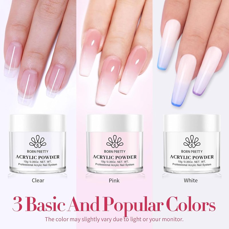BORN PRETTY Acrylic Nail Kit - Clear, White & Pink Powder with Liquid, Forms, Brush & File | Beginner Friendly
