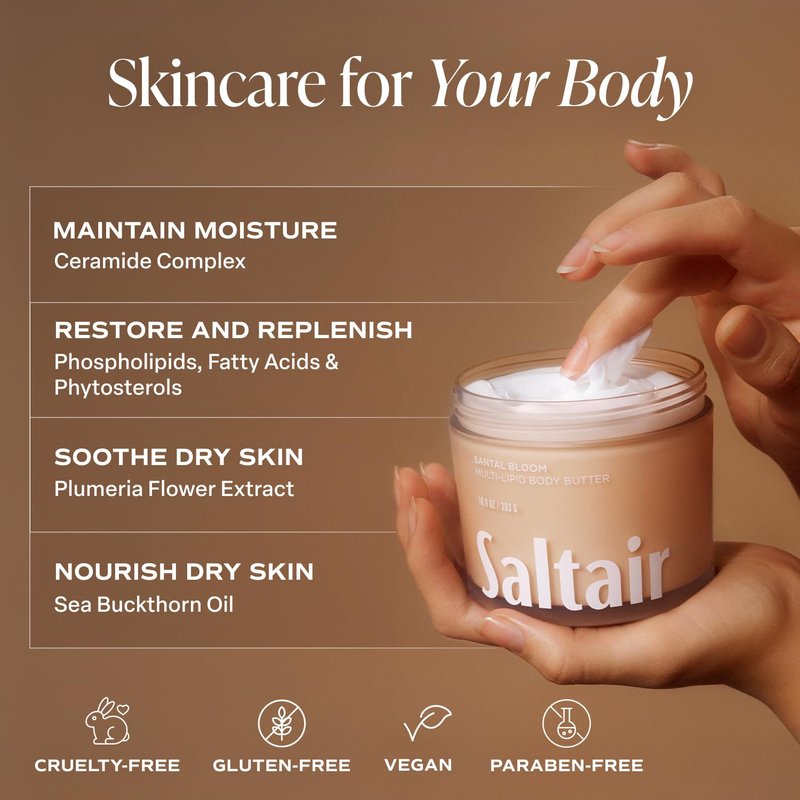 Saltair Multi-Lipid Body Butter - Rich, Nourishing Hydrating Body Cream with Ceramide Complex, Coconut Oil, Shea Butter, and Sea Buckthorn. Moisturizing Dry Skin Care. 10oz Jar - Santal Bloom