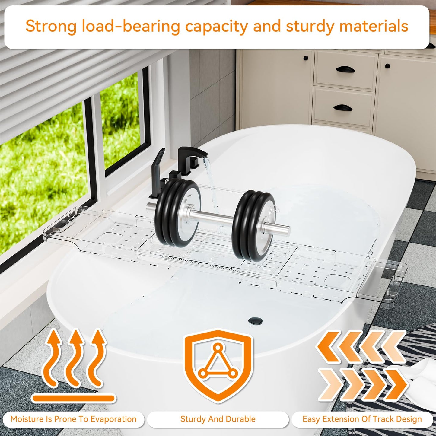Yieach Luxury Clear Bathtub Shelf Across Tub,Expandable Plastic Bathtub Tray Over The Tub Bath Caddy,Free Standing Bath Table Board & Accessories for Women Relaxing with Reading Book and Ipad Holder