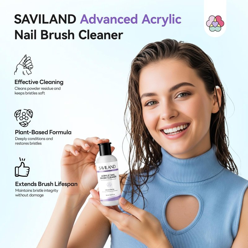 SAVILAND Acrylic Nail Brush Cleaner: 3-Minute Deep Clean & Conditioning Liquid, Plant-Based Cleaner Conditioner Preserver Restorer for Acrylic Nail Brushes, Home DIY & Salon Use, 5 OZ