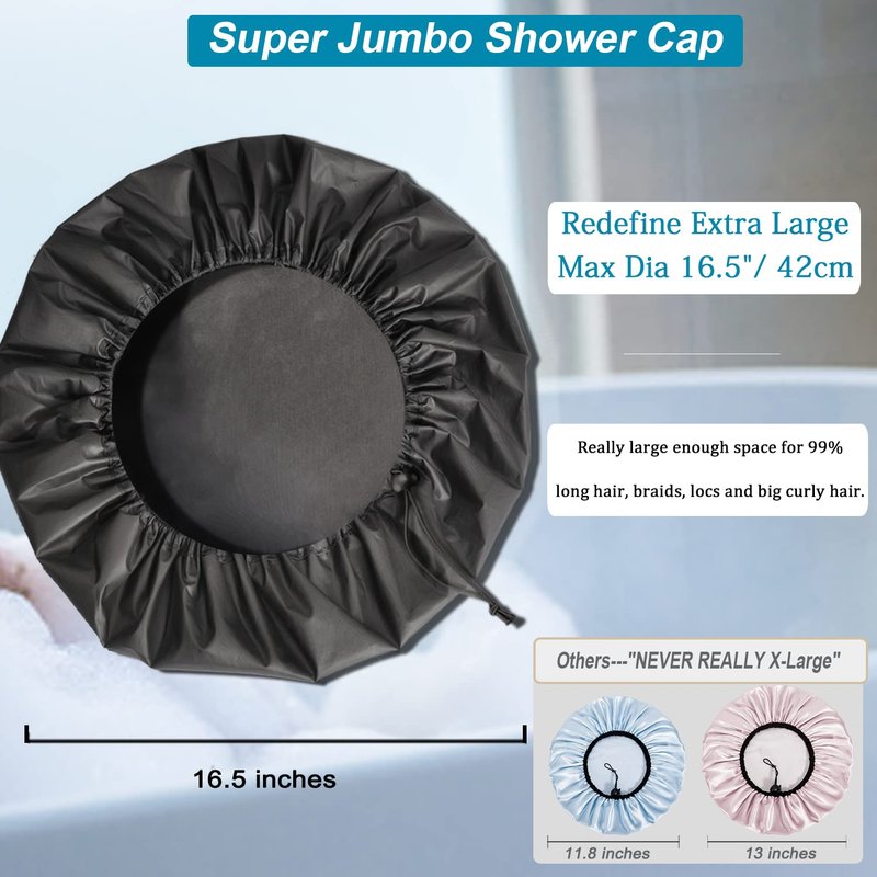 Sheomern 3 Pcs Super Jumbo Adjustable Satin Lined Shower Caps for Long Hair & Braids, Extra Extra Large Shower Cap for Women & Men, XXL Shower Cap with Waterproof Edge for Dreadlocks, Locs (Black)