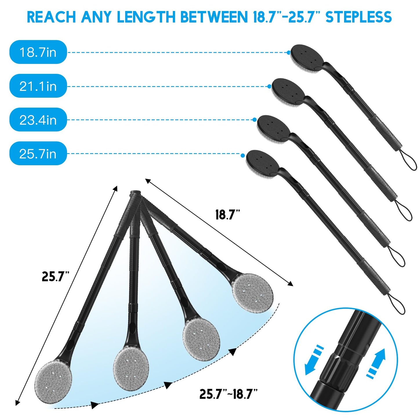 Long Handle Back Scrubber for Shower, 25.7” Telescopic Anti-Slip Bath Brush, Easy Reach Back Cleaner for Exfoliating Dead Skin, Great for Elderly, Disabled & Hard-to-Reach Areas