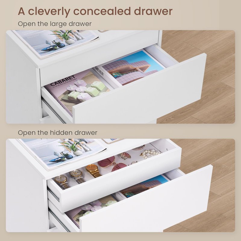 Nightstand Set of 2, 4 Drawers, 26" H with Hidden Drawer, Bedside Table with Charging Station, Modern Night Stand for Bedroom, White