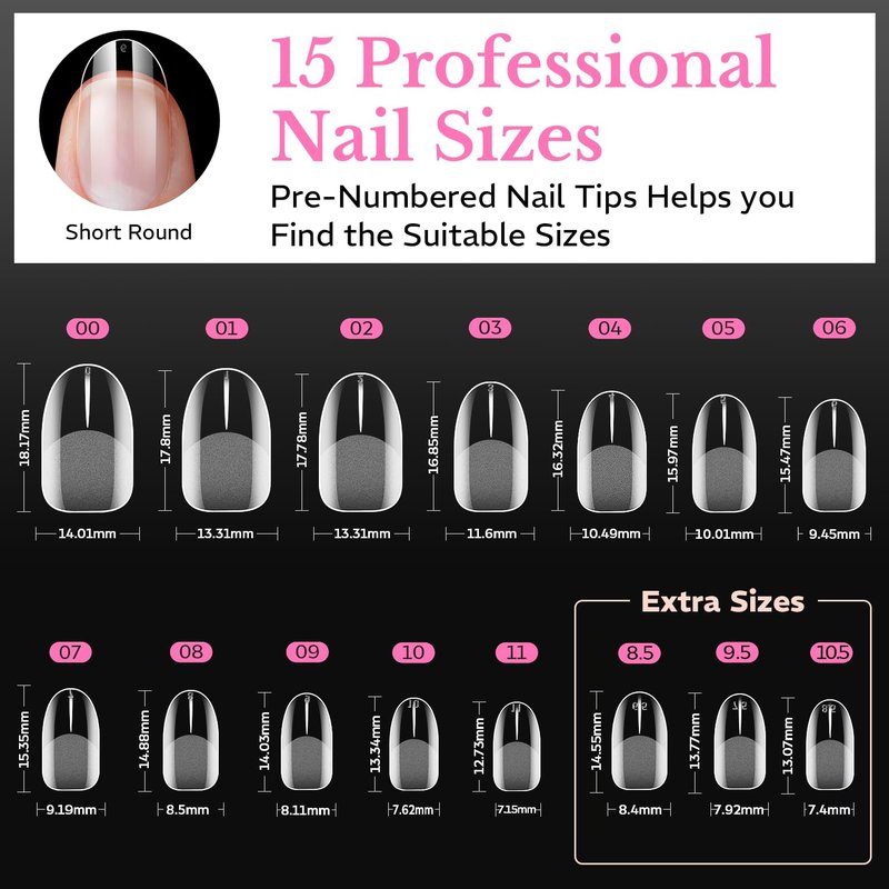 AZUREBEAUTY Extra Short Oval Round Nail Tips, 600pcs Soft Gel Nail Tips Acrylic Fake Nails Pre-shaped Half Matte Full Cover Clear Press On False Nail Extensions for DIY Manicure at Home 15Sizes