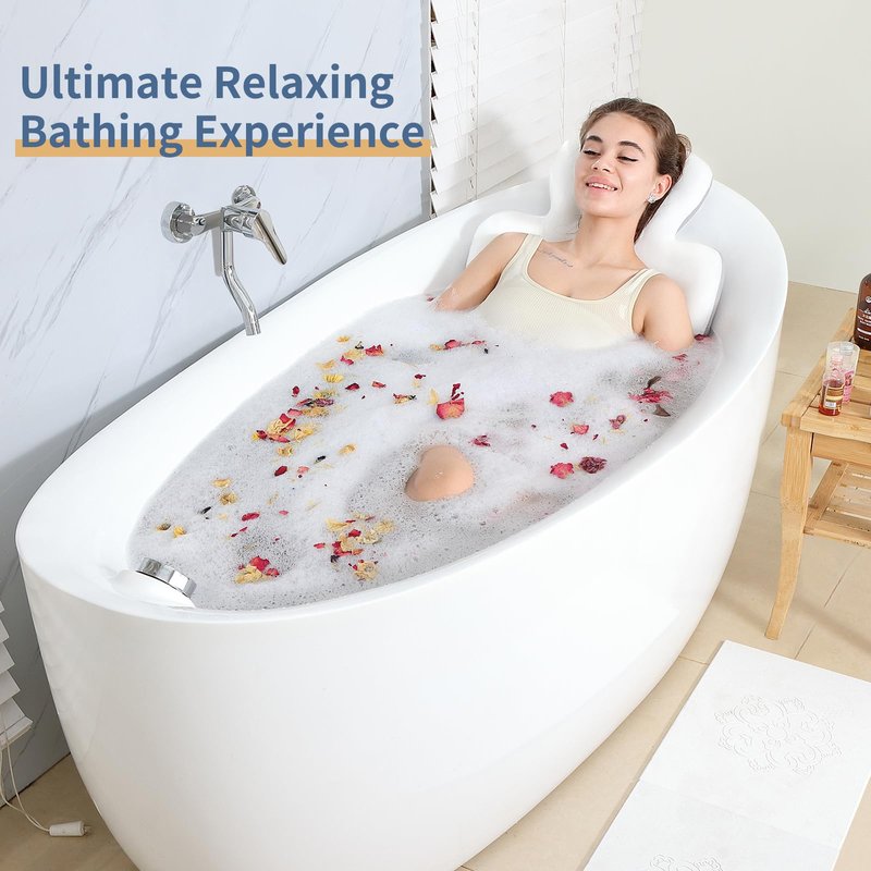 Luxury Bath Cushion, Full Body Bathtub Pillow with 160 Suction Cups, Bath Mat for Head and Neck Support, with Laundry Bag (White, 51" x 16")