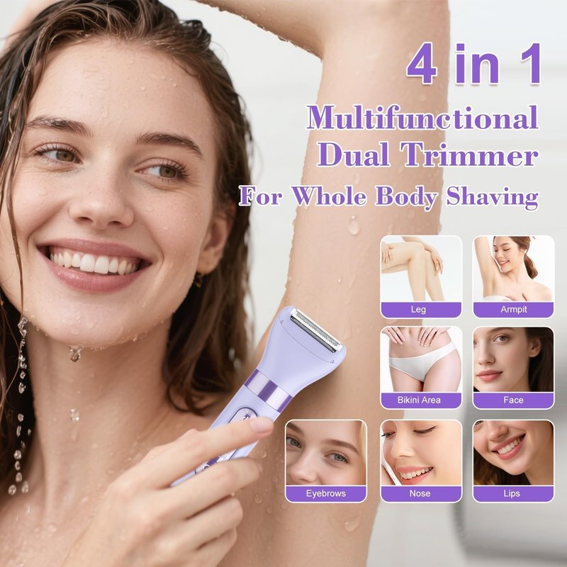 Hatteker Women's Electric Razor - 4-in-1 Dual-Head Trimmer | IPX7 Waterproof Rechargeable, Purple