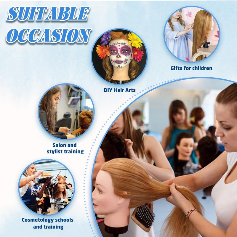 Mannequin Head Human Hair- Cosmetology Manikin Doll Head with 80% Real Hair for Hairdresser Practice Styling Braiding Training Heads & Free Clamp Holder (Brown)