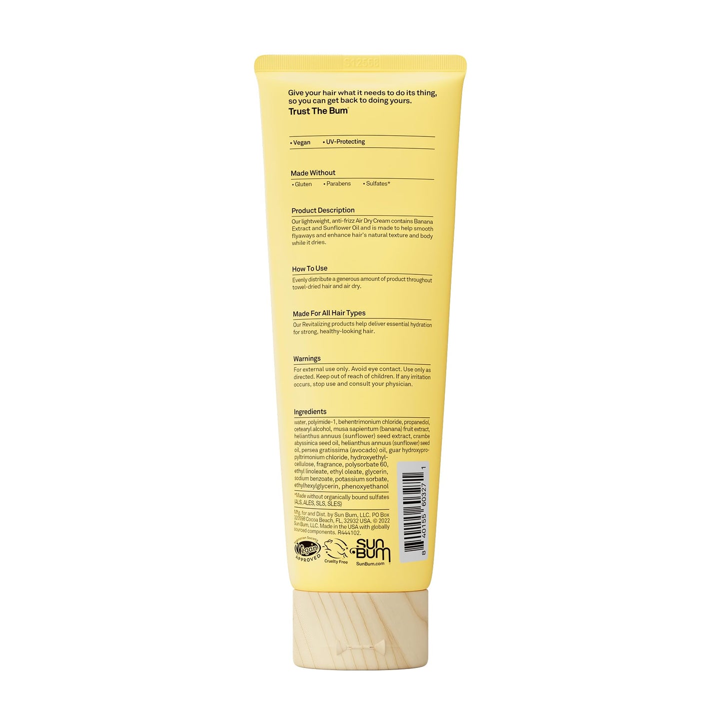 Sun Bum Revitalizing Air Dry Cream - Anti Frizz Styling Cream with Banana Extract and Sunflower Oil - Vegan - Without Parabens - UV Protecting - Helps Smooth and Enhance Natural Hair Texture - 6 fl oz