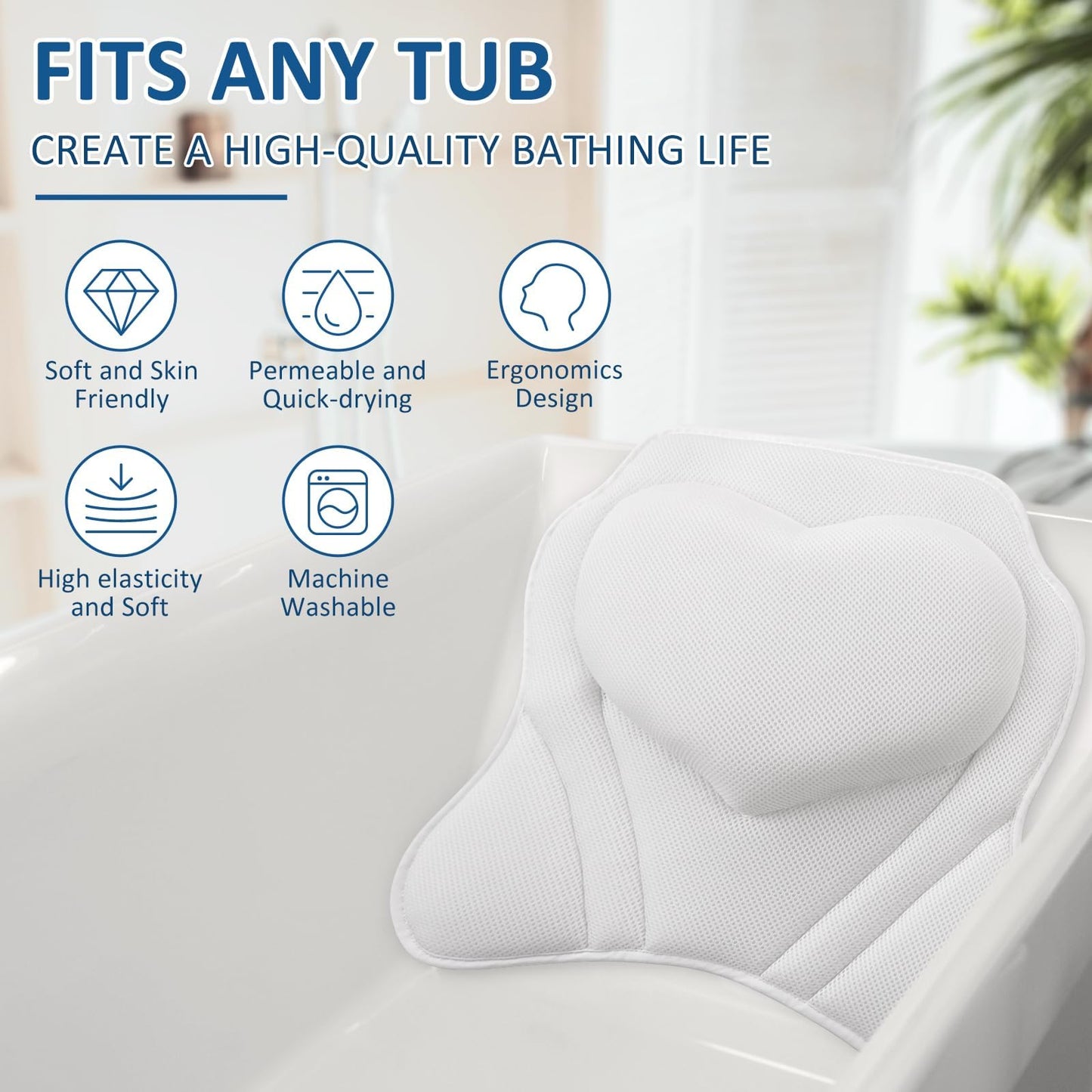 LuxStep Bath Pillow-Bathtub Pillow with Air Mesh Fabric & 6 Non-Slip Suction Cups, Bath Pillows for Tub Head, Neck and Back Support, Bath Accessories Spa Gifts, White