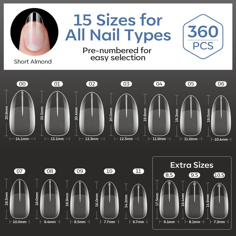 modelones Short Almond Nail Tips, 360pcs Pre-etched Clear Soft Press On Fake Nails Full Cover Half Matte Acrylic Gel Tips Extension for Salon & Home Use 15 Sizes