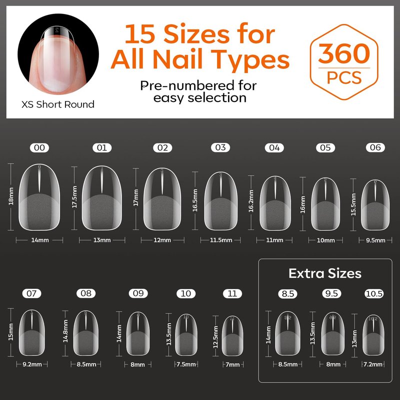 modelones Extra Short Oval Gel Nail Tips, 360pcs Pre-etched Clear Round Fake Nails Press On Full Cover Half Matte 15 Sizes Acrylic Gel Tips for Extension Salon