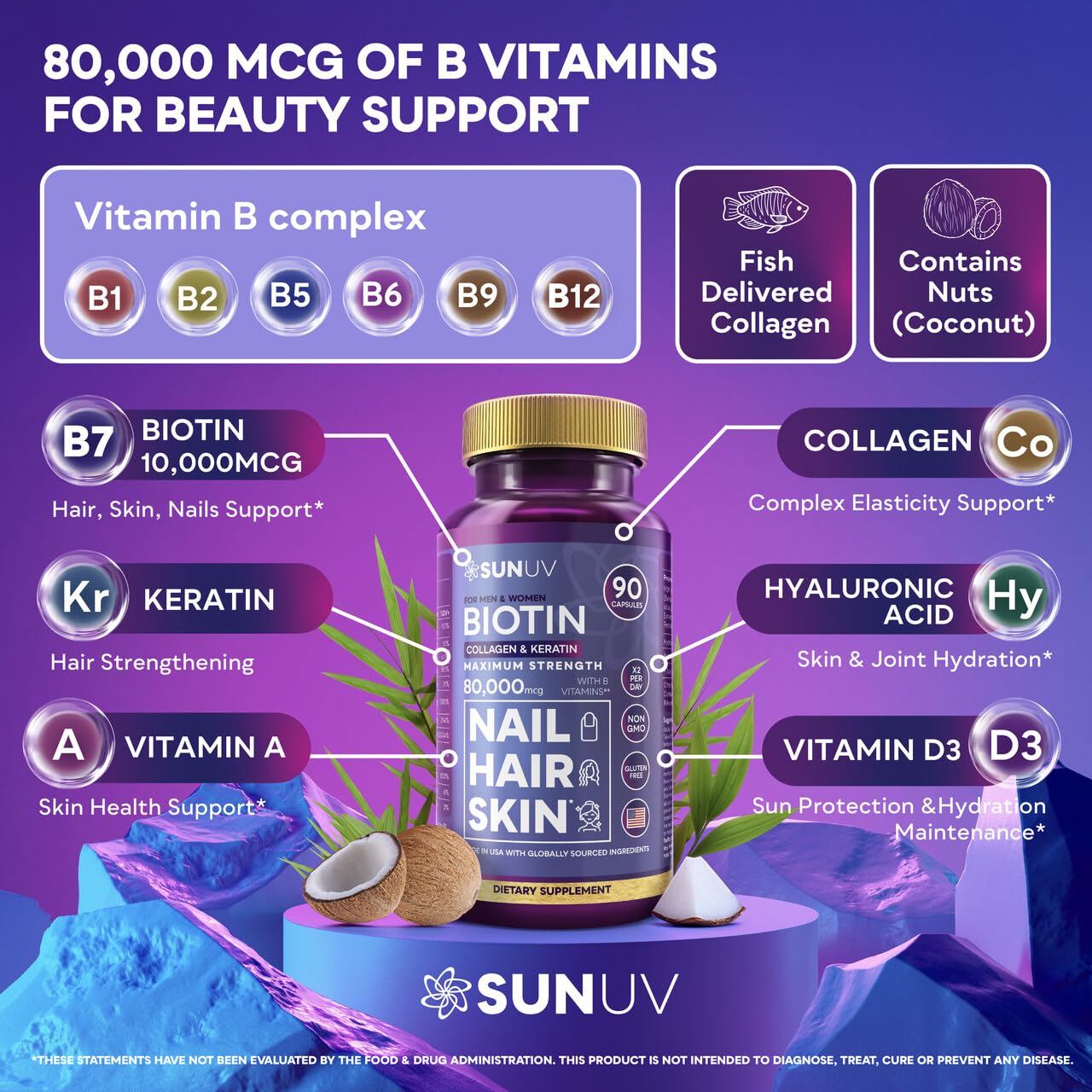 SUNUV Biotin 10,000mcg | Collagen | Keratin | Hyaluronic Acid - 80,000mcg Hair Growth Vitamins for Hair Skin & Nails Support - Women & Men - Vitamins B1,B2,B3,B5,B6,B9,B12 -Made in USA-90 Capsules