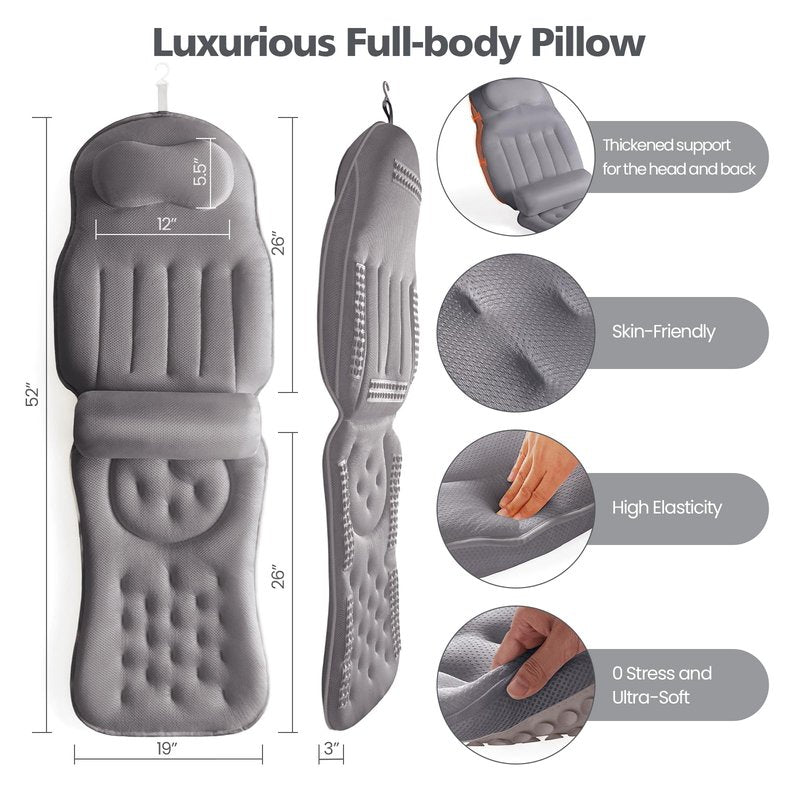 Full Body Bath Pillow for Bathtub,Thick Bathtub Cushion Soft 5D Mesh Spa Cushion,Luxury Tub Pillow with Laundry Bag for Headrest Neck and Back Support,Gift for Soaking (Gray)