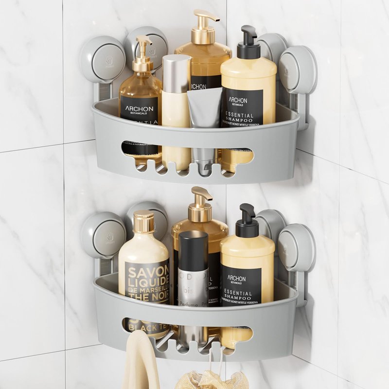 LEVERLOC Corner Shower Caddy Suction Cup, shower shelves suction cup, 2 Pack Basket Powerful Bathroom, Waterproof & Oil-proof Organizer for Kitchen, No-Drilling Removable