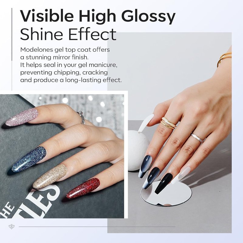 Modelones Gel Polish - No Wipe Top Coat for Acrylic Nails | Clear Glossy Finish, 10ML (2 Pcs)