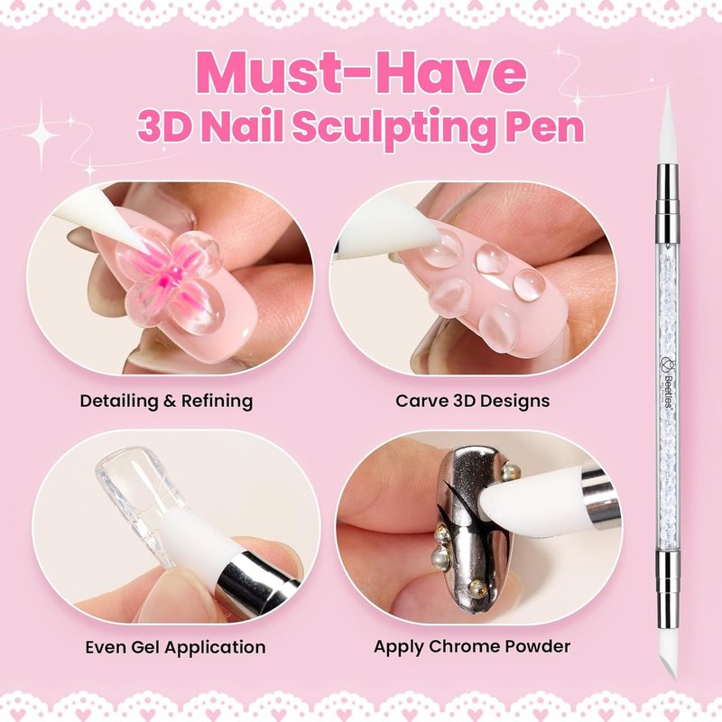 Beetles 3D Gel Nail Art Kit - 5-in-1 Non-Sticky Builder Gel with Dual-Ended Sculpting Pen | Clear & Pink