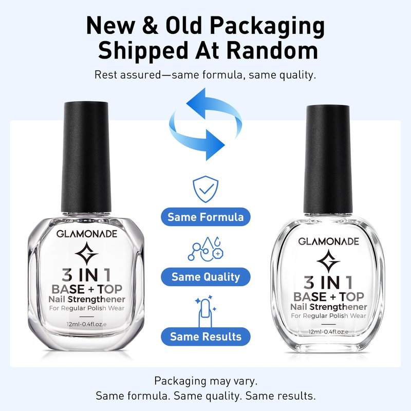 Glamonade 3-In-1 Clear Nail Polish: Quick Dry Top Coat Prevent Staining Base Coat & Nail Strengthener, High Gloss Long Lasting No Chip Shield, Nail Hardener for Weak Nails, DIY Manicure for Women 12ml