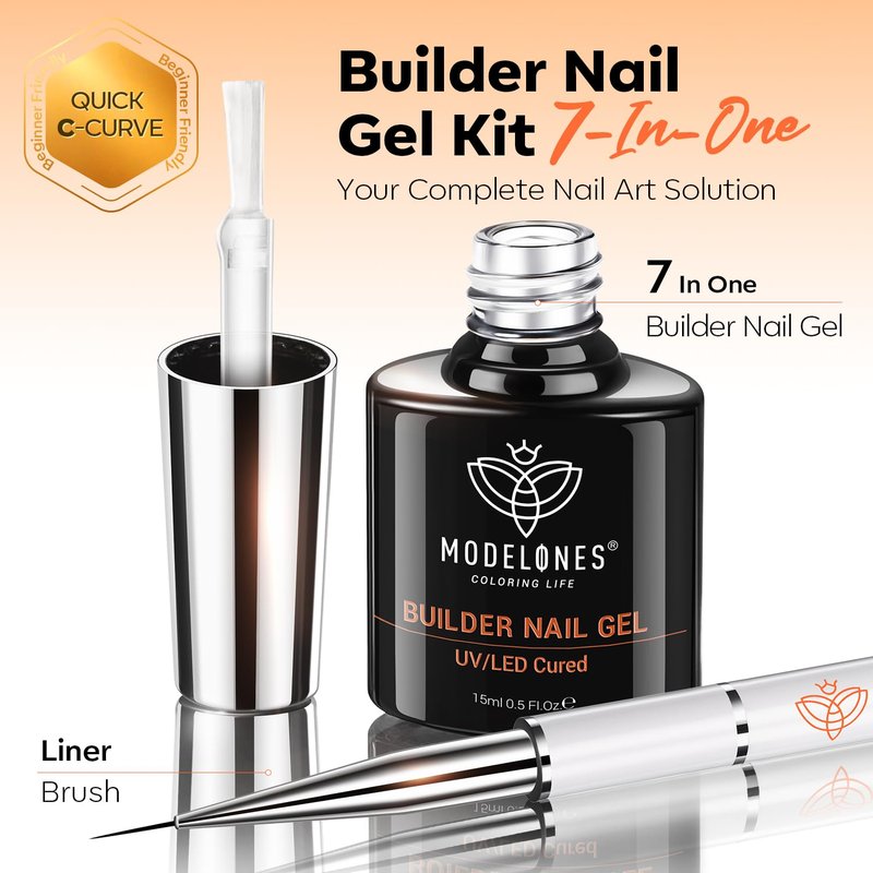 modelones Builder Nail Gel, 7-in-One Clear Builder Nail Polish with Detachable Liner Brush, 15ml LED Lamp Cured Rubber Base Gel Polish Strengthener Color Base Coat Thickening Solution