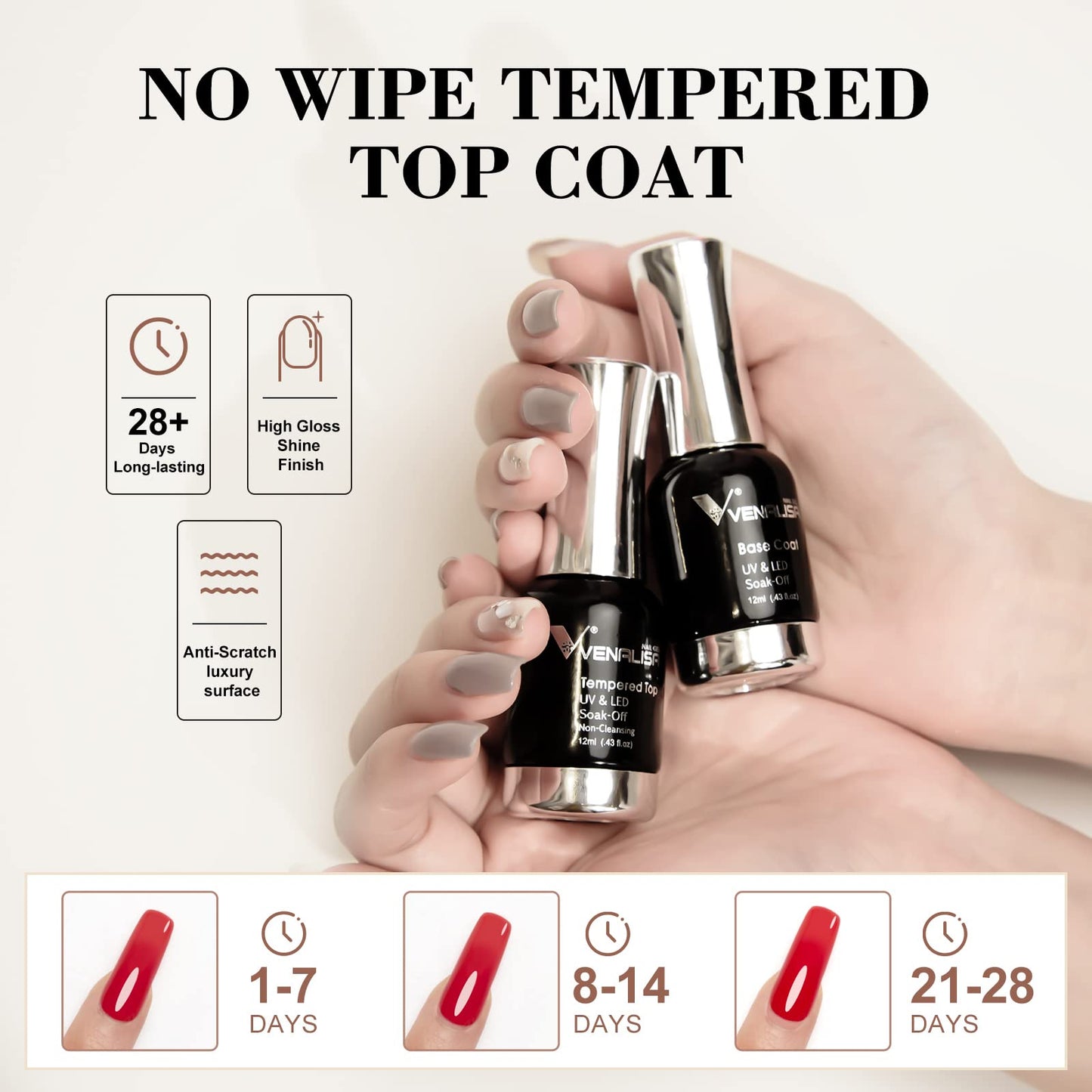 VENALISA 2 Pcs No Wipe Tempered Gel Top Coat and Base Coat Set Gel Nail Polish, Nail Gel Polish Nail Art Starter Manicure Salon DIY at Home