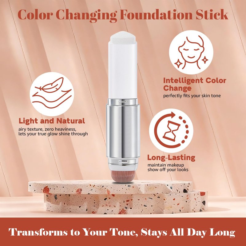 Color-Changing Foundation Stick, 2-in-1 Dual-Ended Foundation with Detachable Brush, Skin Matching Foundation Face Makeup Lightweight Non-Greasy Moisturizing and Smooth (2#Light)