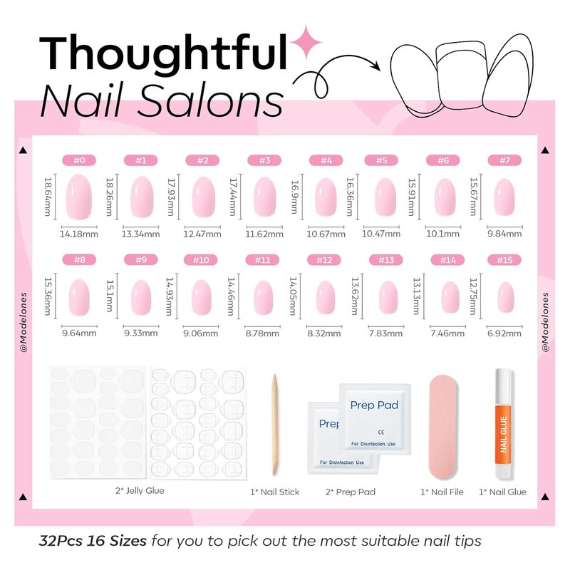modelones Baby Pink Short Press on Nails, Oval Fake Nails Kit Press Ons with Nail Glue, Adhesive Tabs, Nail File, Prep Pad, Manicure Stick, 32Pcs 16 Sizes, Spring Women Girl Gift
