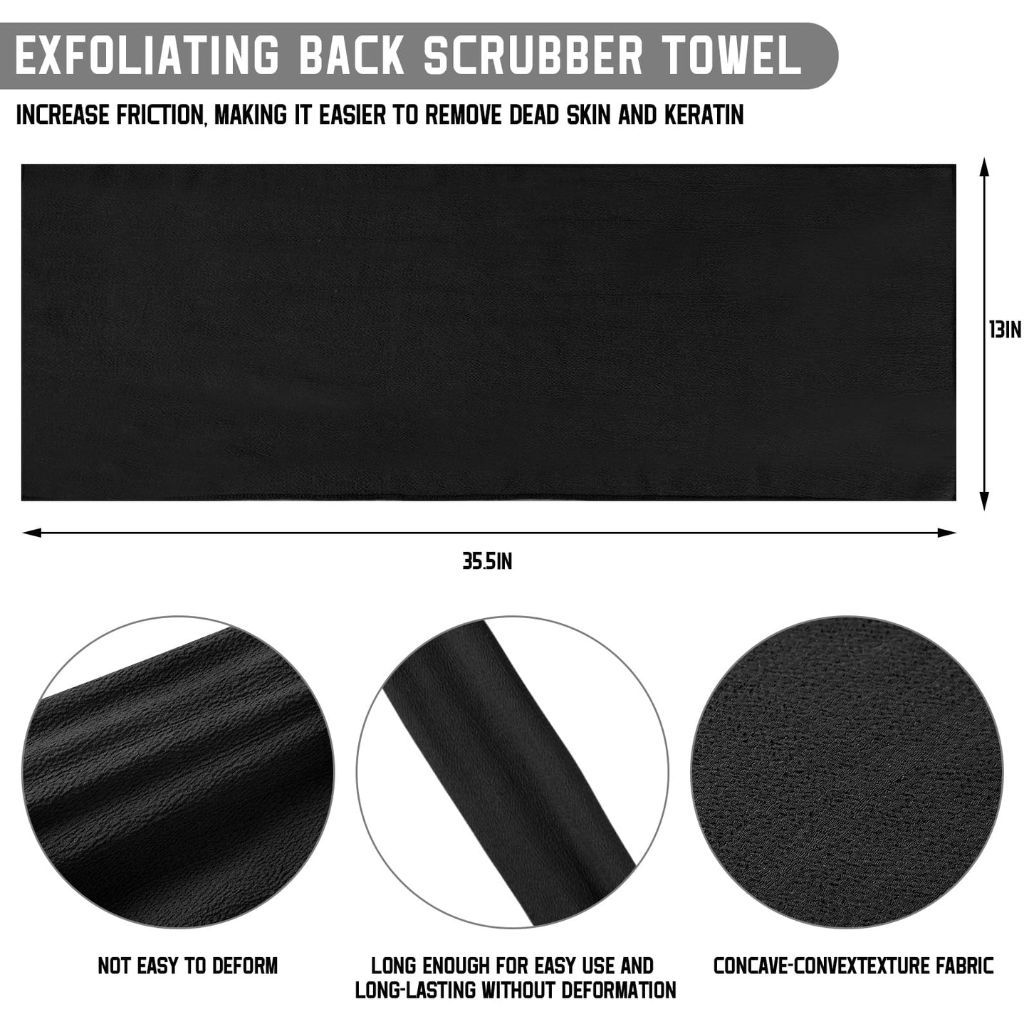 Tatuo 4 Pieces Korean Exfoliating Washcloth Body Back Scrubber Japanese Italy Exfoliating Cloth 35.5 Inch Long Bath Towel Washcloth Dead Skin Remover for Men Women(Black)