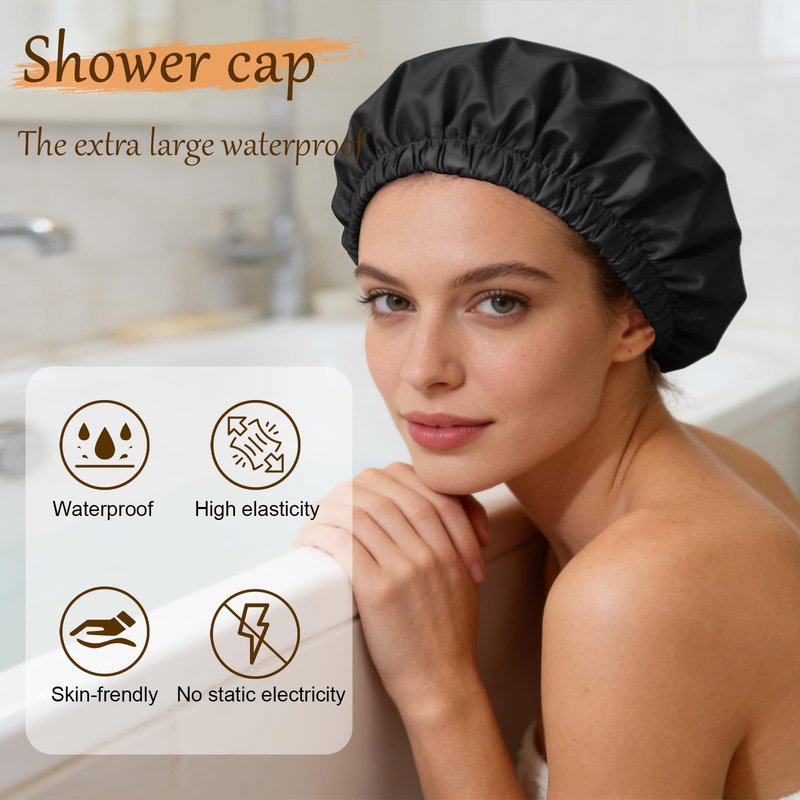 Doitory Shower Cap for Women, Reusable Waterproof Shower Cap Satin Lined with Soft Elastic Band, Large Washable Bath Caps(Black)