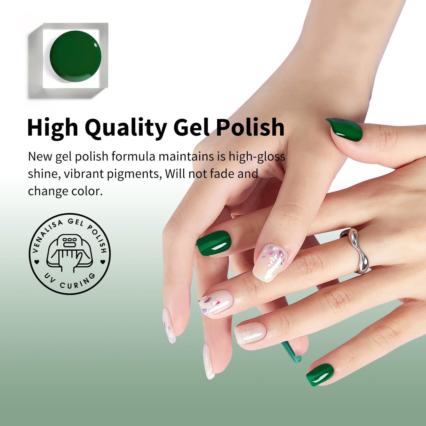 VENALISA Gel Nail Polish, 12ml Emerald Green Color Soak Off UV LED Nail Gel Polish Nail Art Starter Manicure Salon DIY at Home, 0.43 OZ