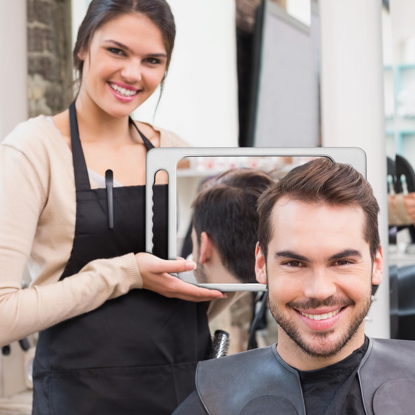 TASALON Unbreakable Hand Mirror with Double Handle- Large Handheld Barber Mirror for Hair and beauty Salon - Durable Hand Held Mirrors for barbershop - Haircut Mirror with Double Handgrip- Silver Gray
