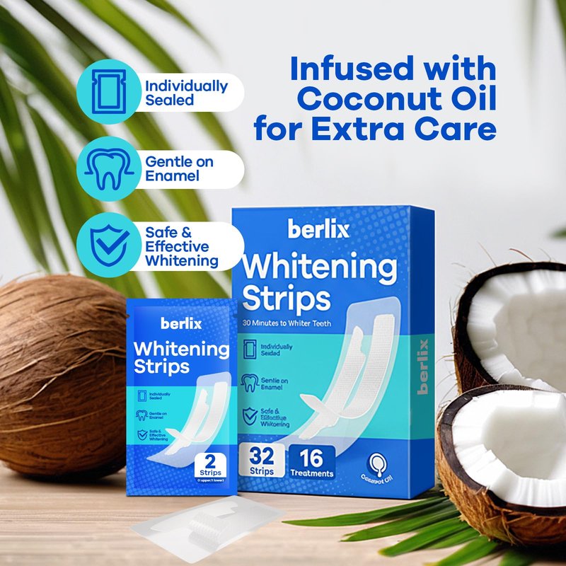 Berlix Teeth Whitening Strips (16 Treatments, 32 Count), Enamel Safe for Teeth Whitener, Whitening Strips with Coconut Oil, Formulated to Be Gentle & Non Slip and Quick-Dry, Stains Removal