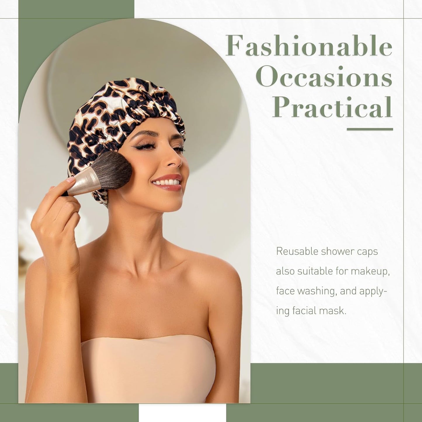 Skiennix Reusable Shower Cap - Large Waterproof Bonnet with Elastic Band for Long, Curly Hair | Leopard Print