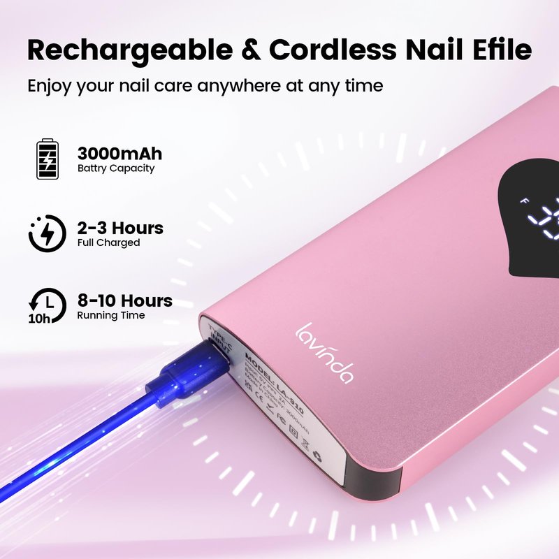 Lavinda Electric Nail Drill Machine, 35000RPM Professional Nail File Cordless Rechargeable Nail Efile for Acrylic Gel Nails (Pink 910)
