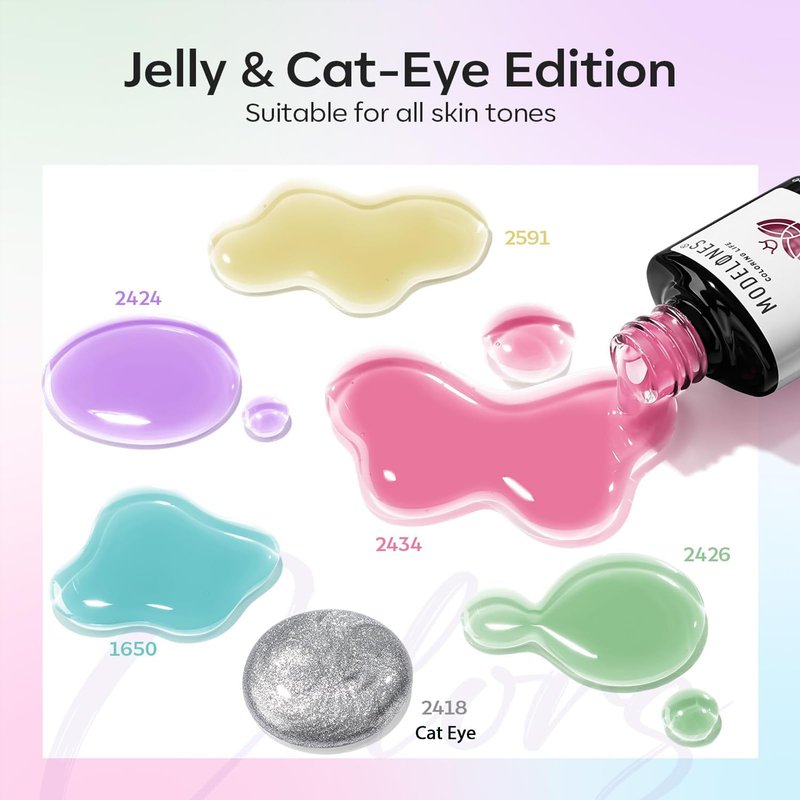 modelones Gel Nail Polish Set, 6 Colors 2026 Spring Summer Silver Cat Eye Gel Polish Translucent Pastel Sheer Pink Yellow Lavender Purple Baby Blue Mint Green Jelly Nail Polish W Magnet LED DIY Gift