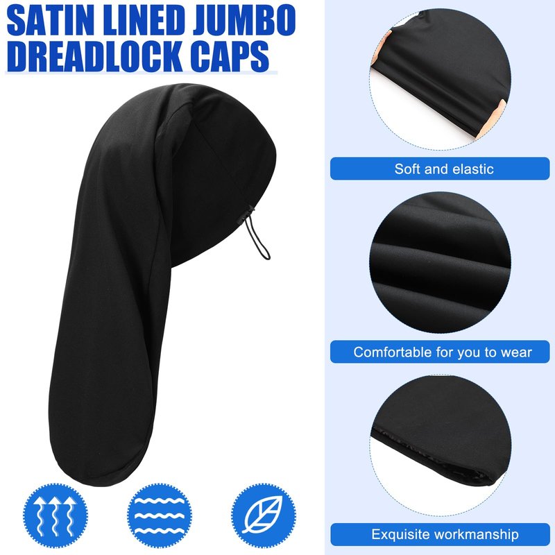 Tatuo 2 Pieces Satin Lined Unisex Jumbo Dreadlock Cap Long Dreads Hair Head Wrap Sleeping Cap Hair Accessories Sleep Bonnet (Black,20 x 9 Inch)