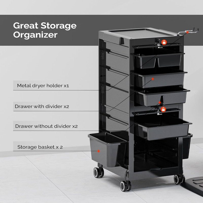 OmySalon Salon Trolley Cart, Hair Stylist Station with 2 Lockable Doors, Rolling Hair Cart Organizer with Drawers & Bucket & Dryer Holder, Barber Shop Hairdressing Beauty Tattoo Versatile Equipment
