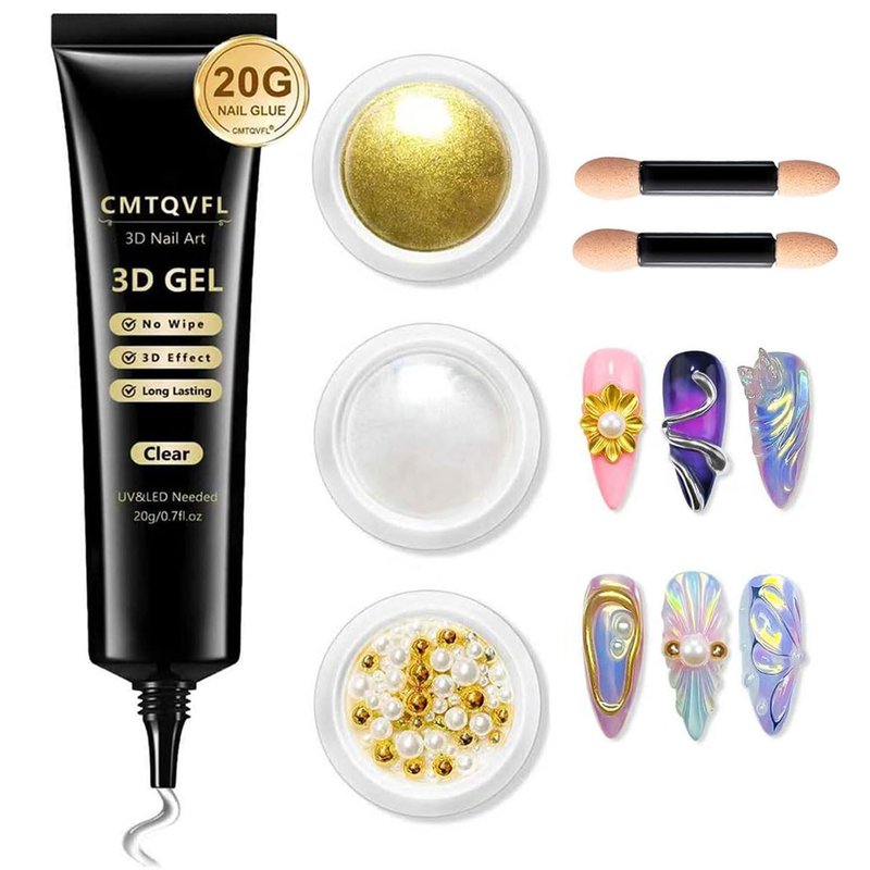 4 in 1 Upgrade 3D Gel Nail Gold Chrome Nail Powder【NO.1 -100% 3D Effect】20g No Wipe 3D Gel Nail Art Sculpture with Glitter Chrome Nail Powder for Home DIY Salon Gifts Women- White Gold