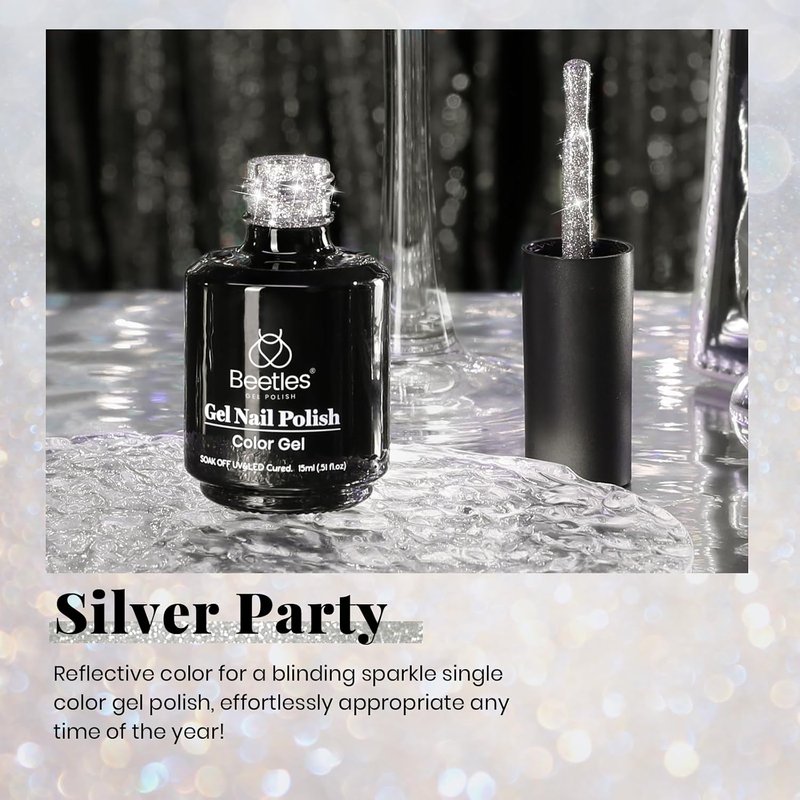 Beetles Glitter Gel Nail Polish - Reflective Silver Shimmer | 15ml Soak Off UV/LED for DIY Nail Art