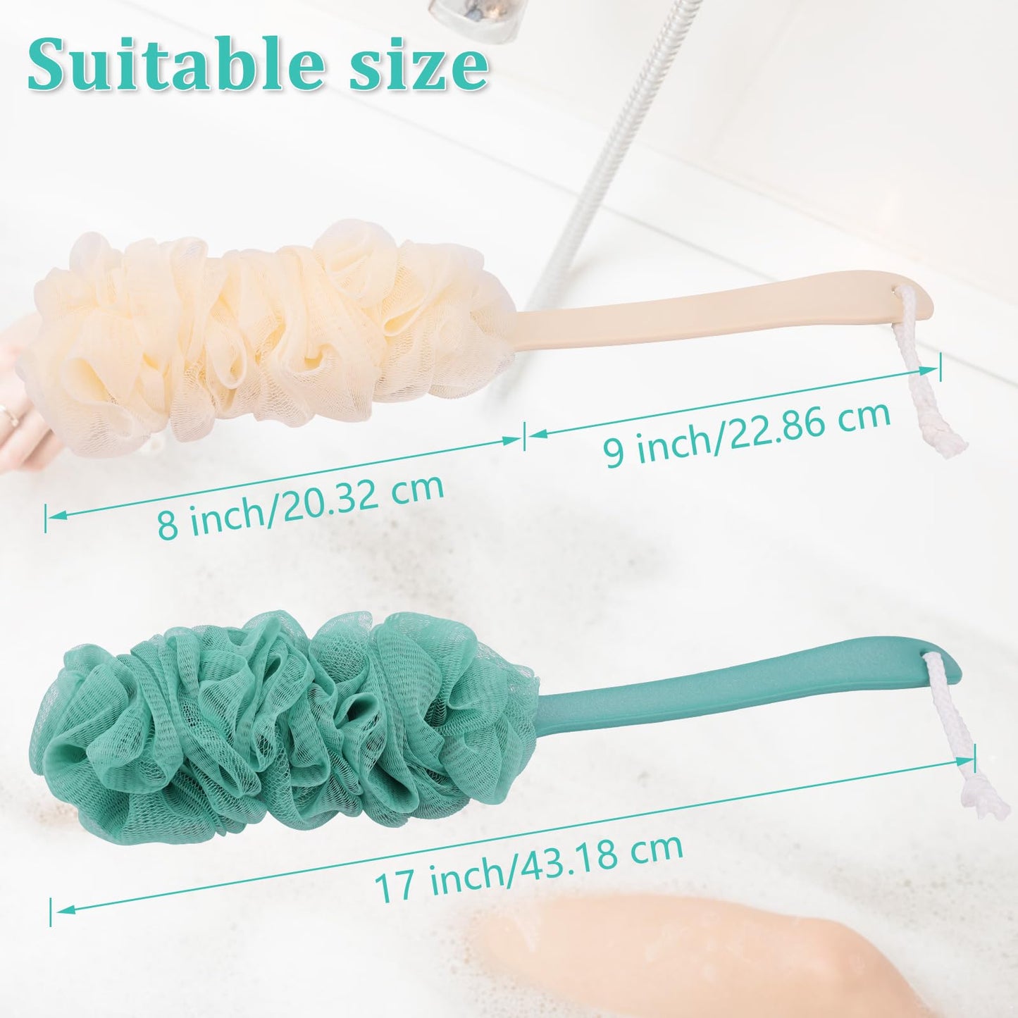 2Pack Back Scrubber for Shower Loofah with Long Handle, Shower Brush for Body, 17″ Loofah on a Stick for Men Women Bathing Accessories, Scrubber Sponge for Exfoliating Bath Brushes (Green)