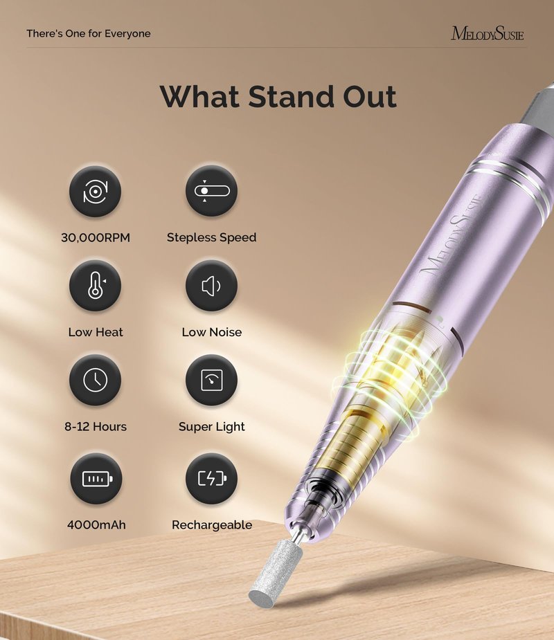 MelodySusie Entry-Level Clip-On Rechargeable Essential Nail Drill, SC300F 30000RPM E-File with LCD Display for All Manicure Shaping & Gel Removal,Ideal for Training,Nail Art Practice & Home Use,Purple
